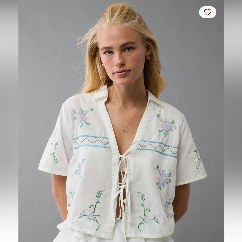 AE Collared Tie Front Embroidered Shirt - Picture 6 of 16